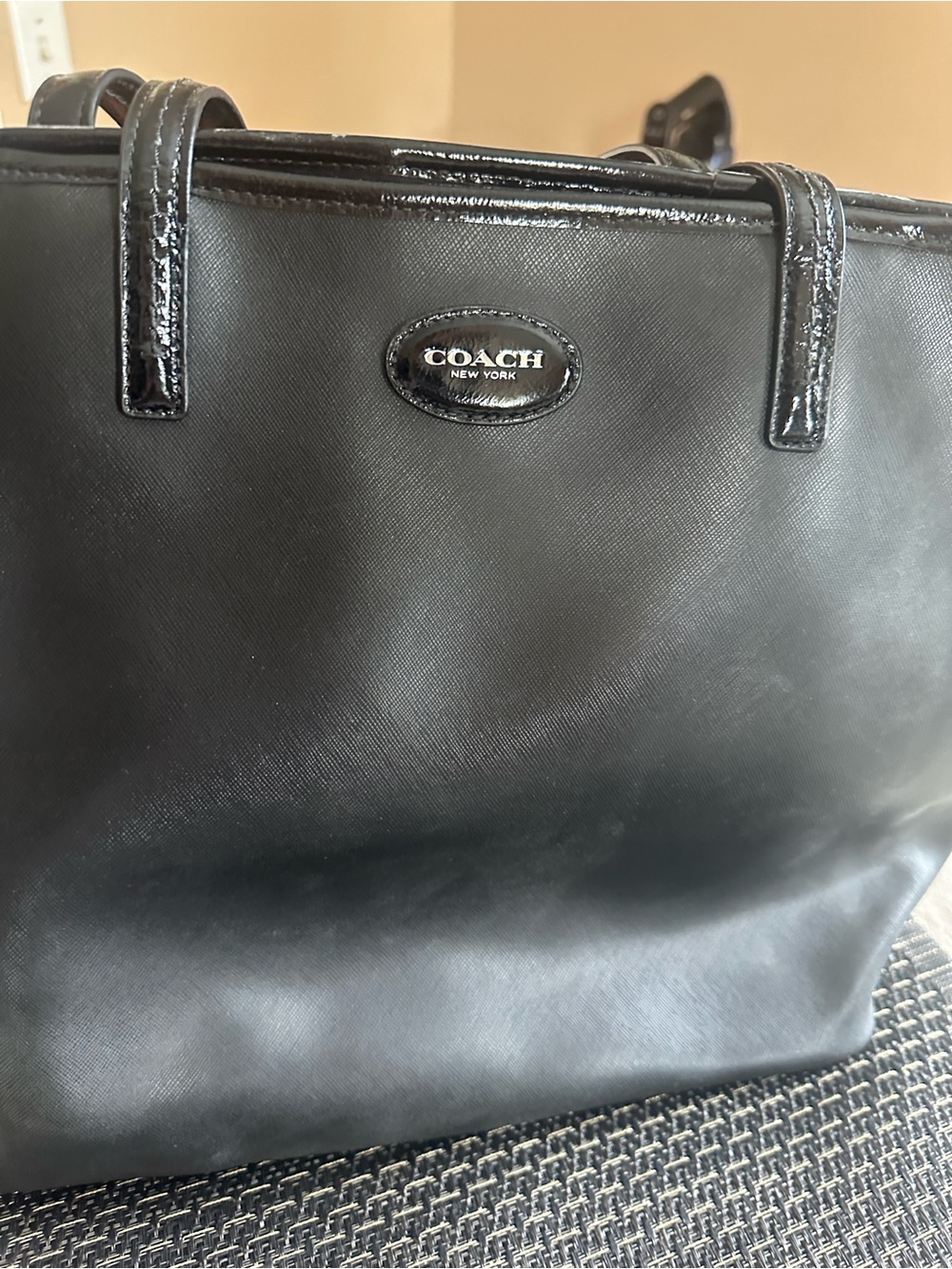 Coach Black Tote with Patent Trim and Silver Tag